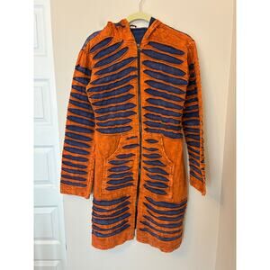 KPC Jacket Womens XL Orange Navy Hippie Boho Zip Long Tunic Hoodie Distressed
